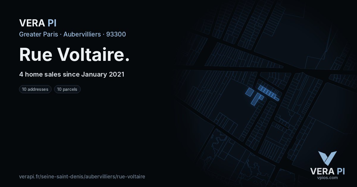 Rue Voltaire, Aubervilliers at night – every parcel coloured by the prices around it, the street's own parcels lit
