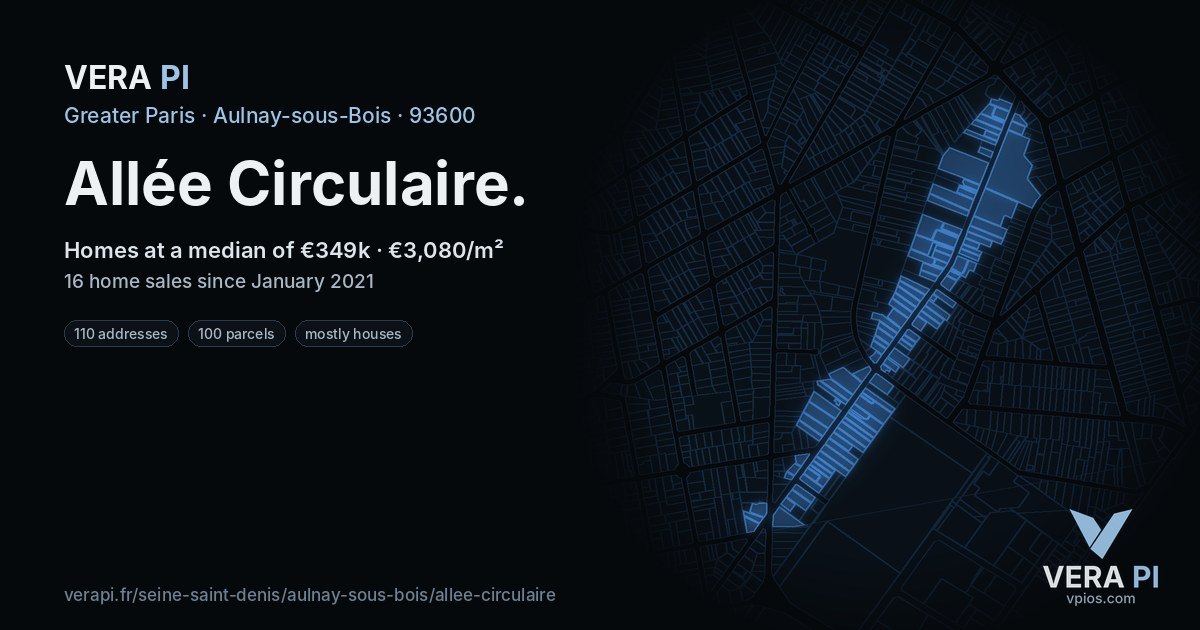 Allée Circulaire, Aulnay-sous-Bois at night – every parcel coloured by the prices around it, the street's own parcels lit