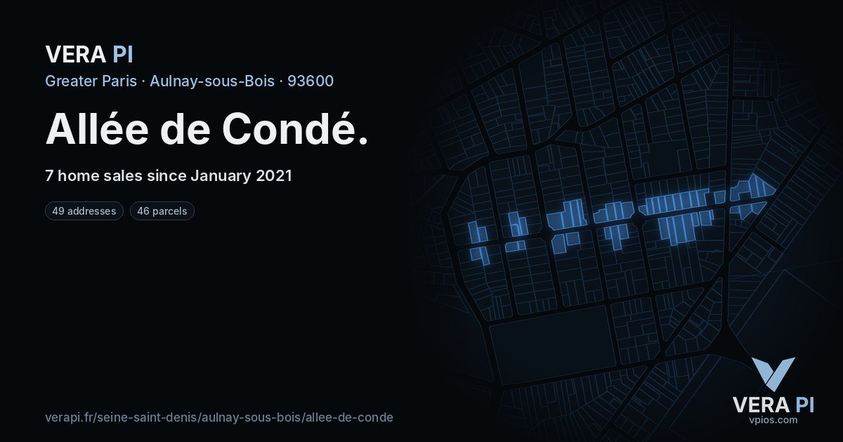 Allée de Condé, Aulnay-sous-Bois at night – every parcel coloured by the prices around it, the street's own parcels lit