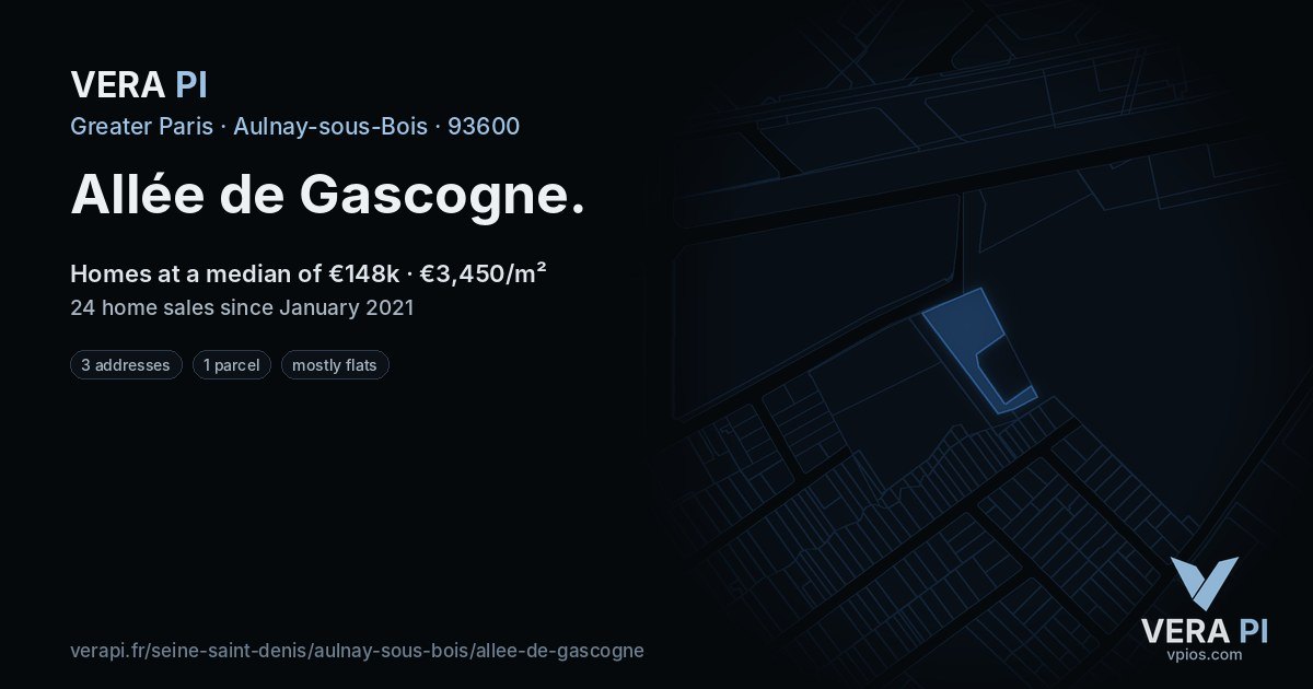 Allée de Gascogne, Aulnay-sous-Bois at night – every parcel coloured by the prices around it, the street's own parcels lit