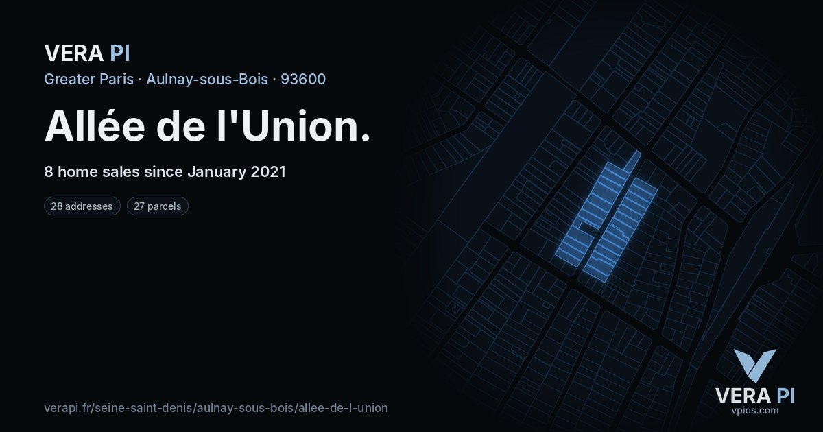 Allée de l'Union, Aulnay-sous-Bois at night – every parcel coloured by the prices around it, the street's own parcels lit