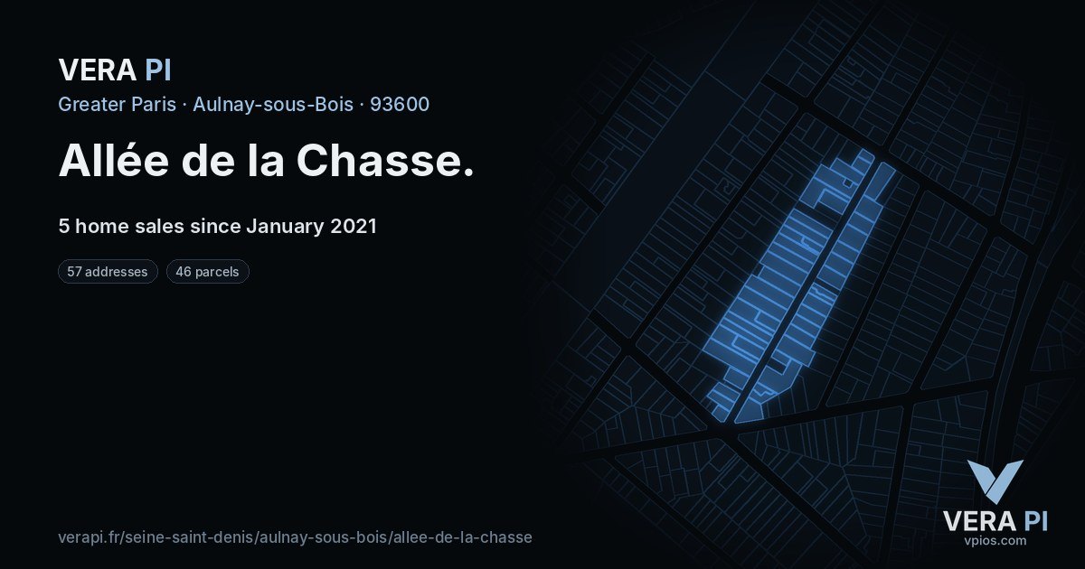 Allée de la Chasse, Aulnay-sous-Bois at night – every parcel coloured by the prices around it, the street's own parcels lit