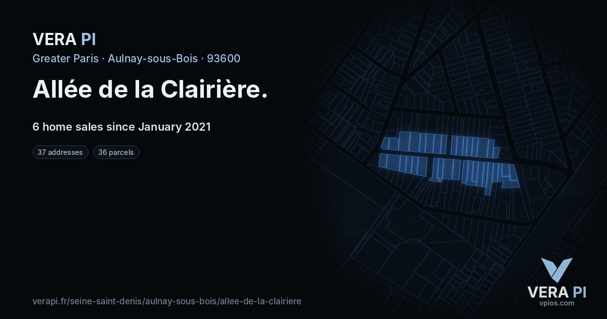 Allée de la Clairière, Aulnay-sous-Bois at night – every parcel coloured by the prices around it, the street's own parcels lit