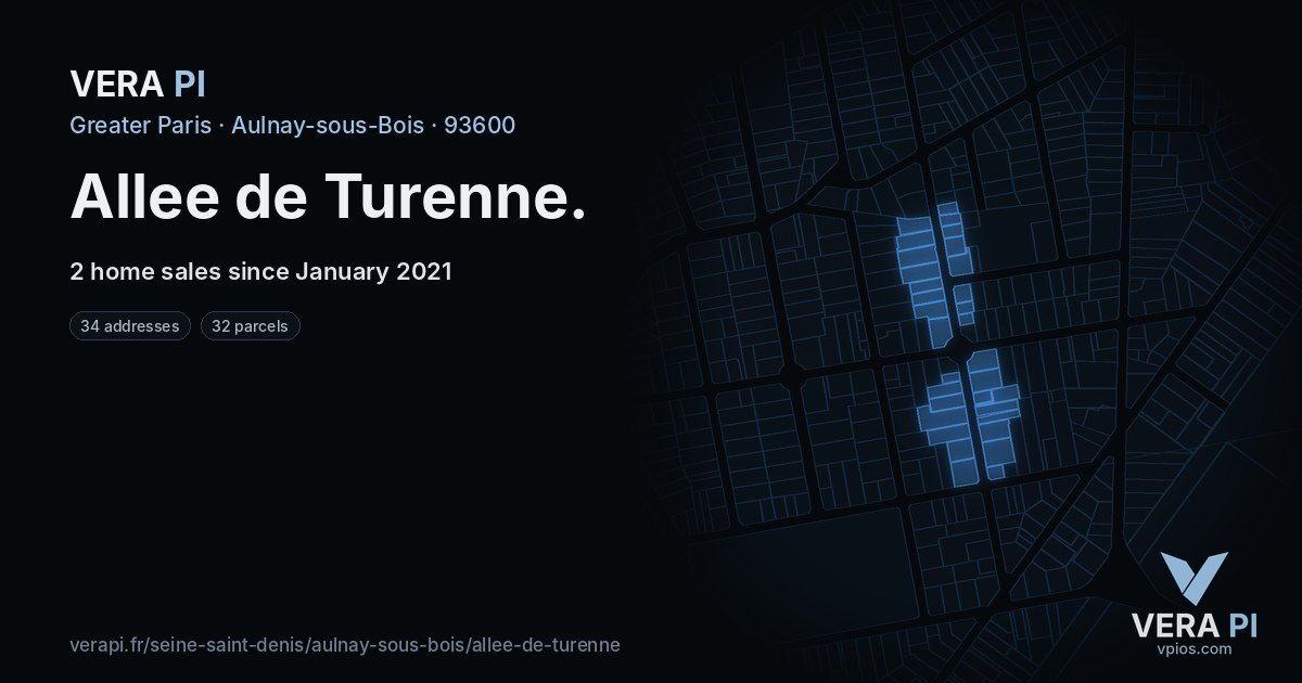 Allee de Turenne, Aulnay-sous-Bois at night – every parcel coloured by the prices around it, the street's own parcels lit