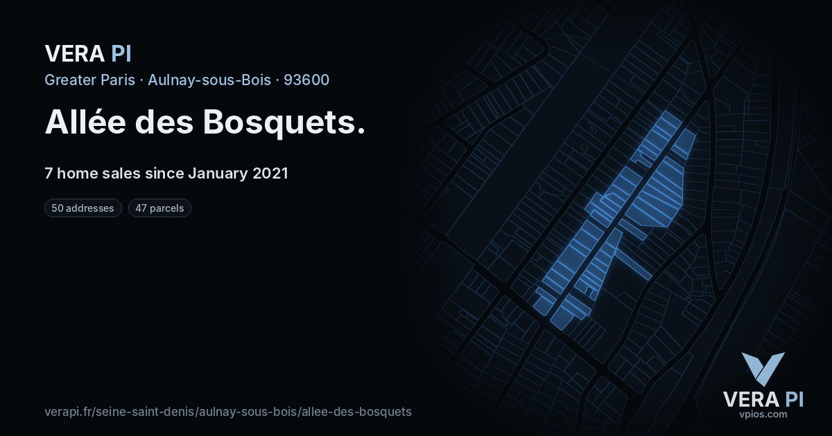 Allée des Bosquets, Aulnay-sous-Bois at night – every parcel coloured by the prices around it, the street's own parcels lit