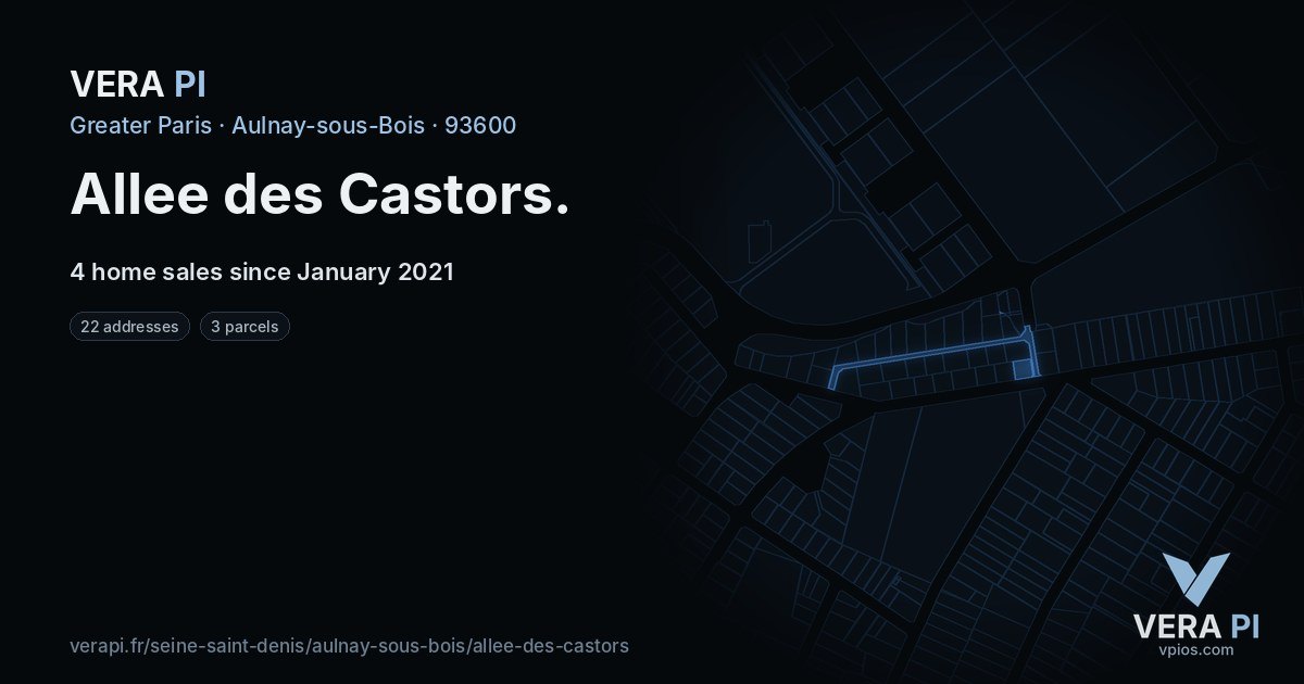 Allee des Castors, Aulnay-sous-Bois at night – every parcel coloured by the prices around it, the street's own parcels lit