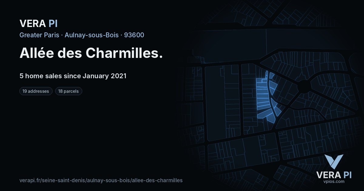 Allée des Charmilles, Aulnay-sous-Bois at night – every parcel coloured by the prices around it, the street's own parcels lit