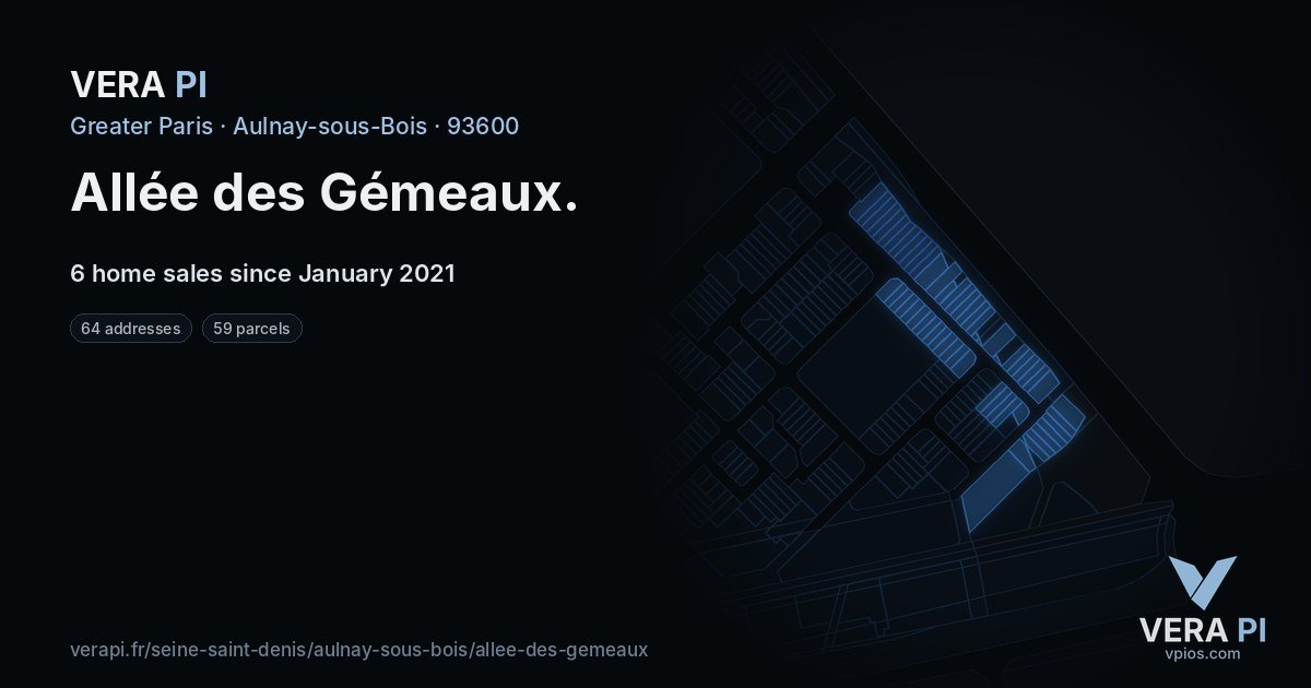 Allée des Gémeaux, Aulnay-sous-Bois at night – every parcel coloured by the prices around it, the street's own parcels lit