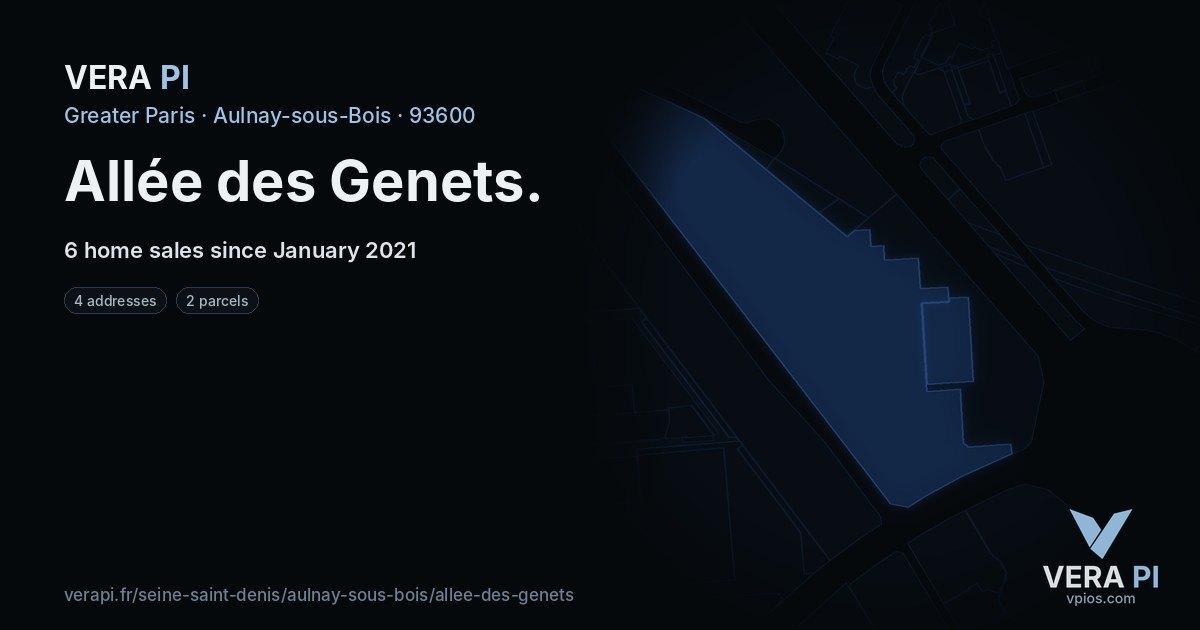 Allée des Genets, Aulnay-sous-Bois at night – every parcel coloured by the prices around it, the street's own parcels lit