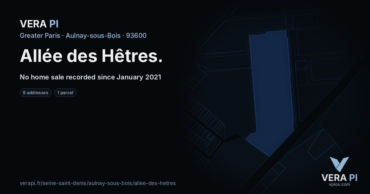 Allée des Hêtres, Aulnay-sous-Bois at night – every parcel coloured by the prices around it, the street's own parcels lit