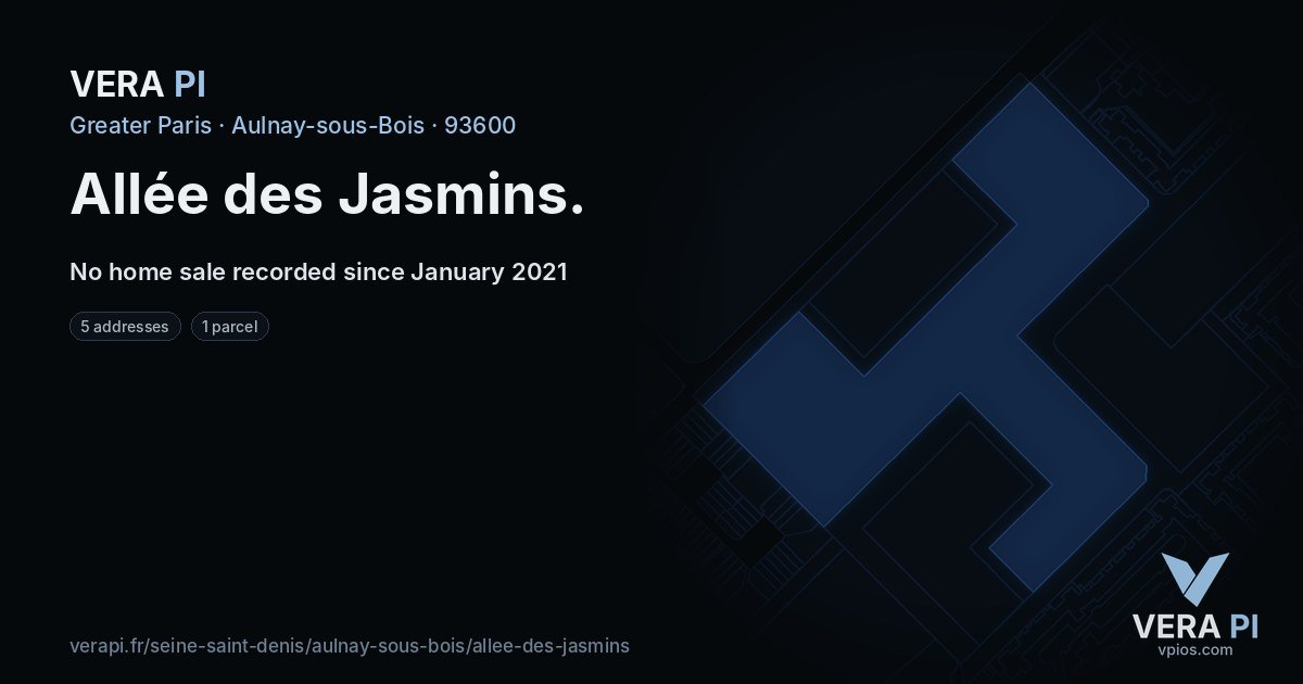 Allée des Jasmins, Aulnay-sous-Bois at night – every parcel coloured by the prices around it, the street's own parcels lit