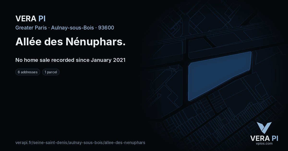 Allée des Nénuphars, Aulnay-sous-Bois at night – every parcel coloured by the prices around it, the street's own parcels lit
