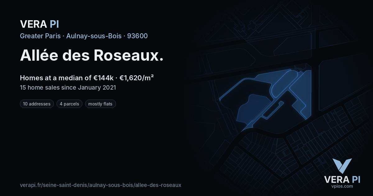Allée des Roseaux, Aulnay-sous-Bois at night – every parcel coloured by the prices around it, the street's own parcels lit