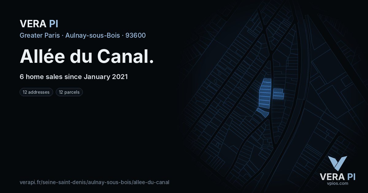 Allée du Canal, Aulnay-sous-Bois at night – every parcel coloured by the prices around it, the street's own parcels lit