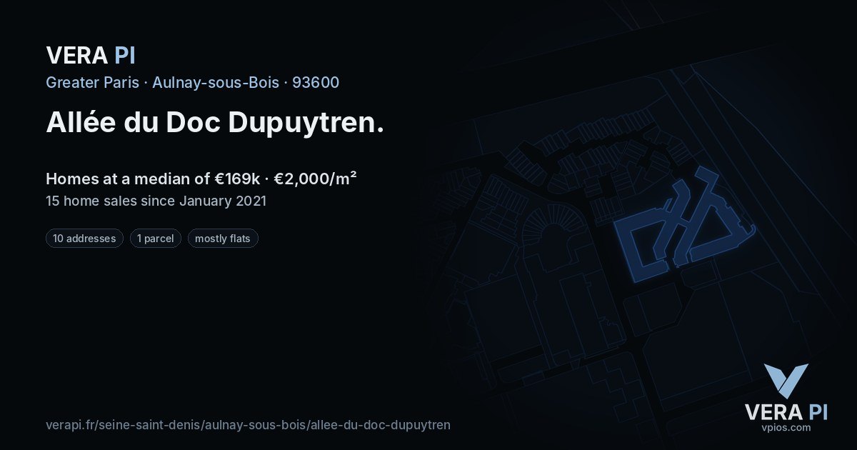 Allée du Doc Dupuytren, Aulnay-sous-Bois at night – every parcel coloured by the prices around it, the street's own parcels lit