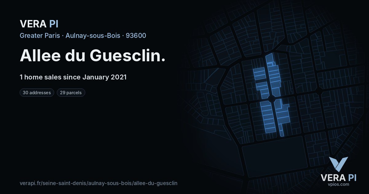 Allee du Guesclin, Aulnay-sous-Bois at night – every parcel coloured by the prices around it, the street's own parcels lit