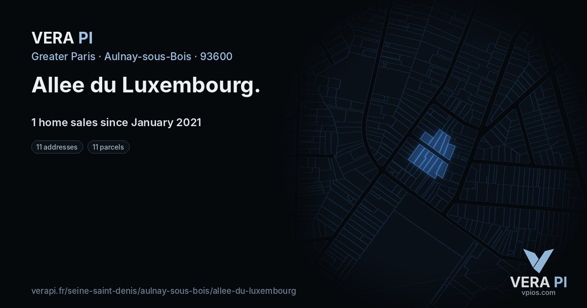 Allee du Luxembourg, Aulnay-sous-Bois at night – every parcel coloured by the prices around it, the street's own parcels lit