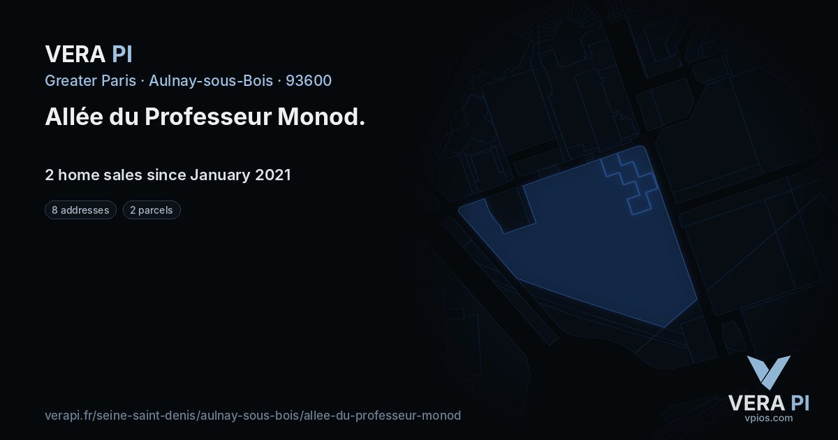 Allée du Professeur Monod, Aulnay-sous-Bois at night – every parcel coloured by the prices around it, the street's own parcels lit