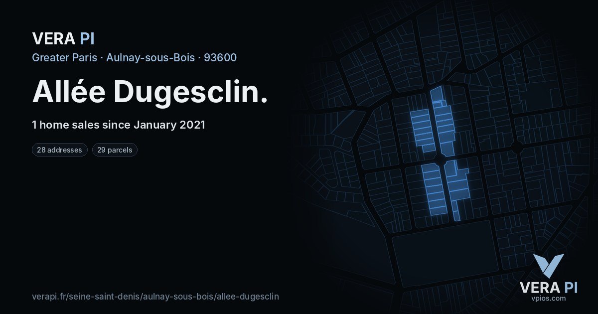 Allée Dugesclin, Aulnay-sous-Bois at night – every parcel coloured by the prices around it, the street's own parcels lit
