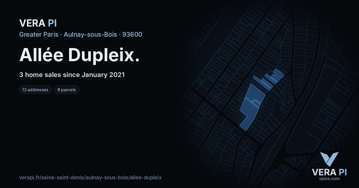 Allée Dupleix, Aulnay-sous-Bois at night – every parcel coloured by the prices around it, the street's own parcels lit