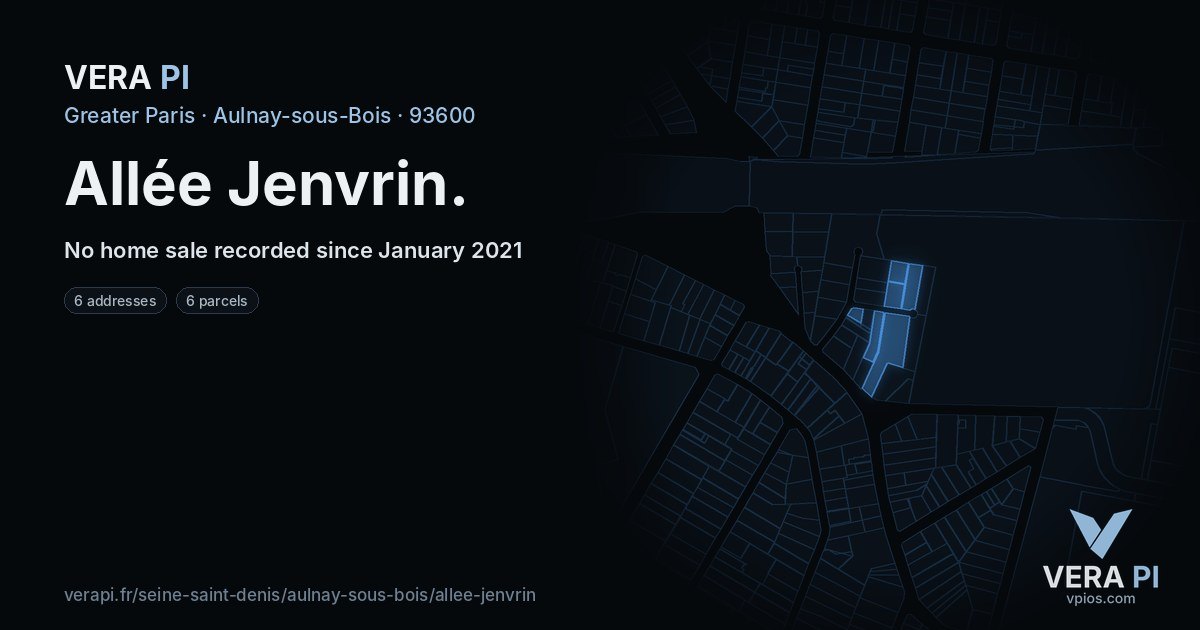 Allée Jenvrin, Aulnay-sous-Bois at night – every parcel coloured by the prices around it, the street's own parcels lit