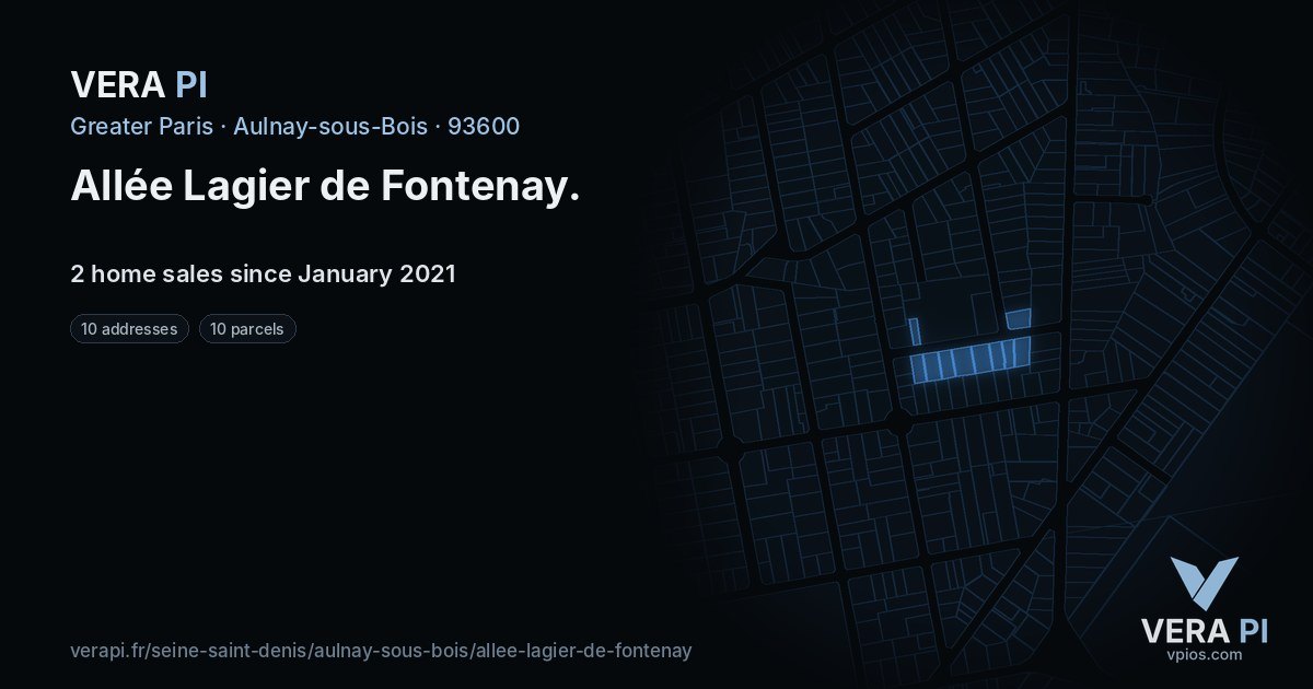 Allée Lagier de Fontenay, Aulnay-sous-Bois at night – every parcel coloured by the prices around it, the street's own parcels lit