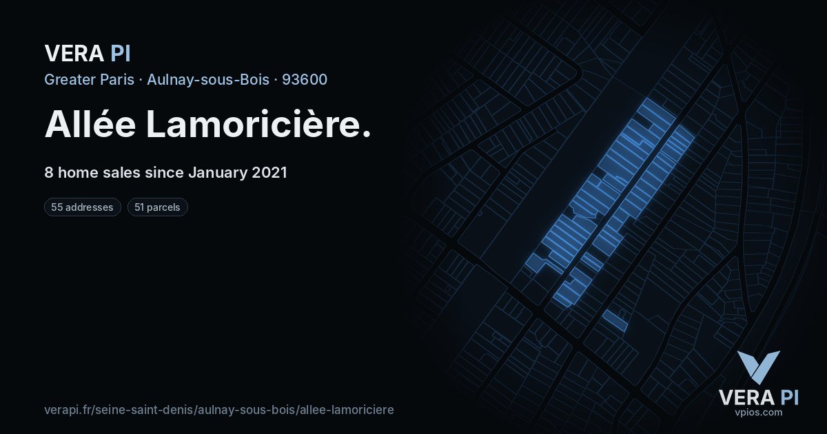 Allée Lamoricière, Aulnay-sous-Bois at night – every parcel coloured by the prices around it, the street's own parcels lit