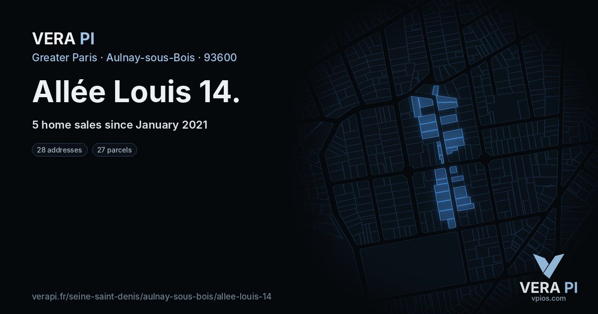 Allée Louis 14, Aulnay-sous-Bois at night – every parcel coloured by the prices around it, the street's own parcels lit