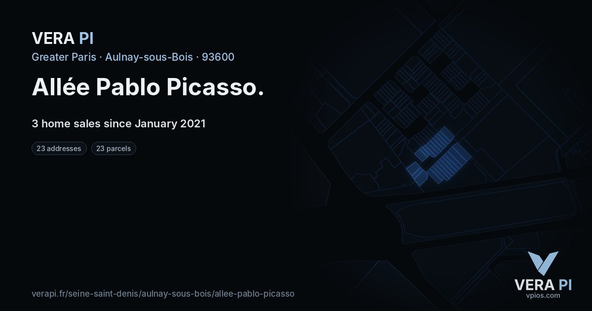 Allée Pablo Picasso, Aulnay-sous-Bois at night – every parcel coloured by the prices around it, the street's own parcels lit