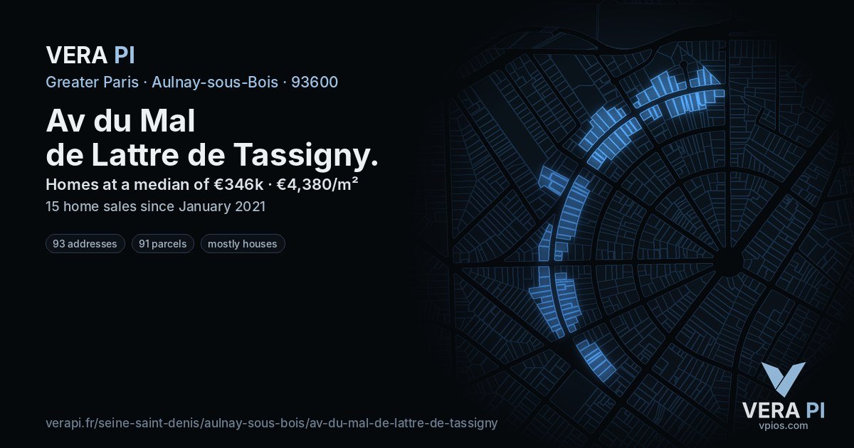Av du Mal de Lattre de Tassigny, Aulnay-sous-Bois at night – every parcel coloured by the prices around it, the street's own parcels lit