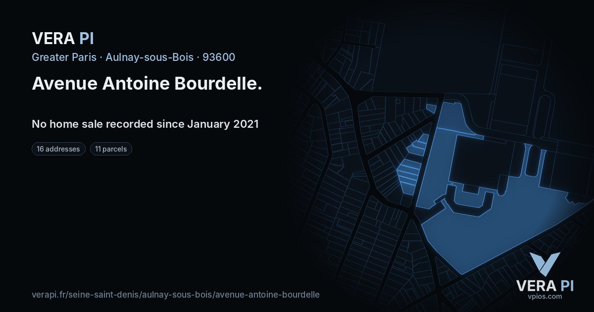 Avenue Antoine Bourdelle, Aulnay-sous-Bois at night – every parcel coloured by the prices around it, the street's own parcels lit
