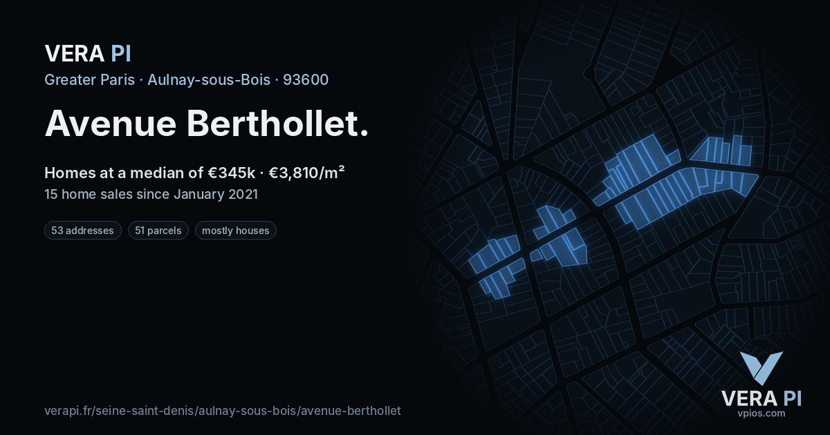 Avenue Berthollet, Aulnay-sous-Bois at night – every parcel coloured by the prices around it, the street's own parcels lit