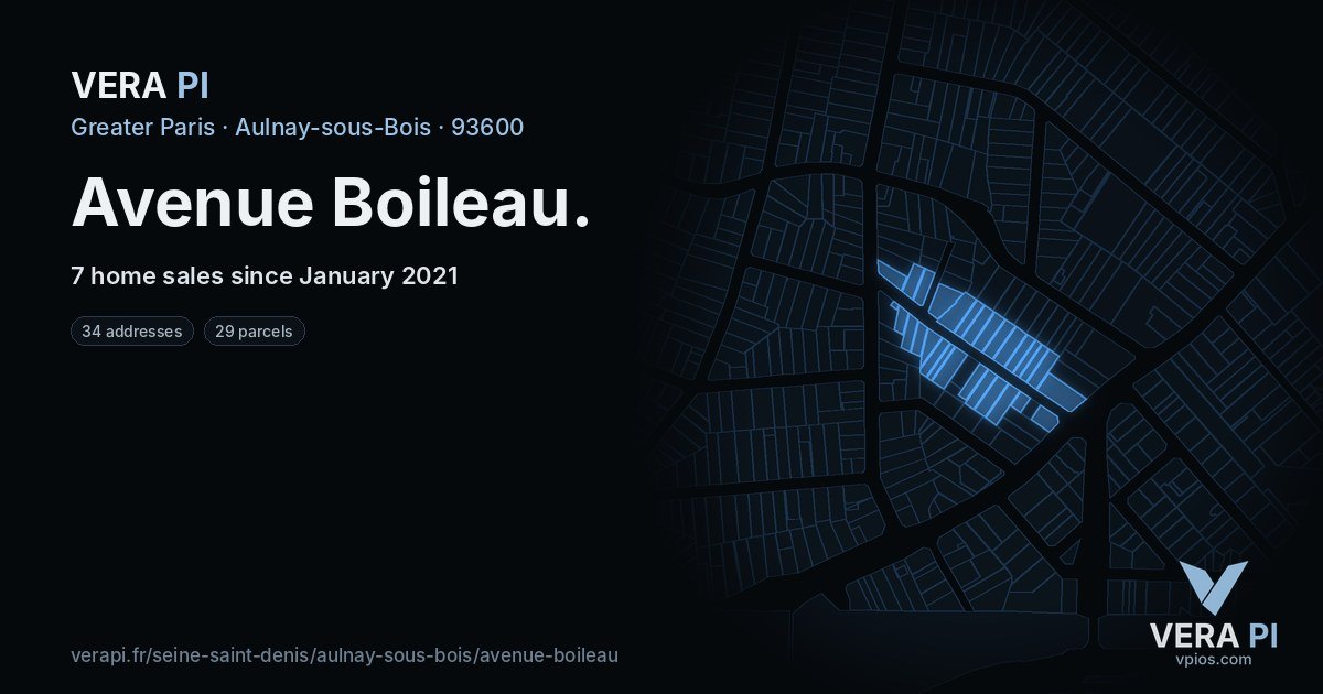 Avenue Boileau, Aulnay-sous-Bois at night – every parcel coloured by the prices around it, the street's own parcels lit