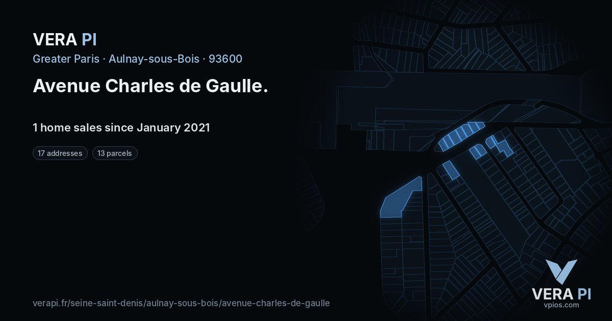 Avenue Charles de Gaulle, Aulnay-sous-Bois at night – every parcel coloured by the prices around it, the street's own parcels lit