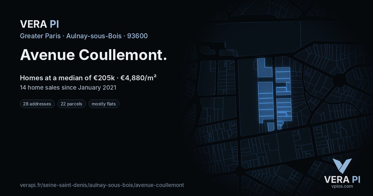 Avenue Coullemont, Aulnay-sous-Bois at night – every parcel coloured by the prices around it, the street's own parcels lit