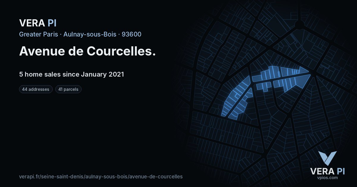Avenue de Courcelles, Aulnay-sous-Bois at night – every parcel coloured by the prices around it, the street's own parcels lit