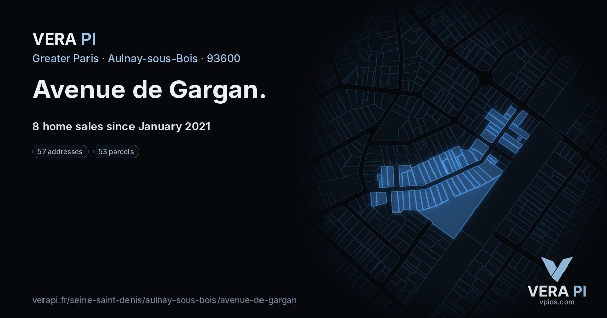 Avenue de Gargan, Aulnay-sous-Bois at night – every parcel coloured by the prices around it, the street's own parcels lit