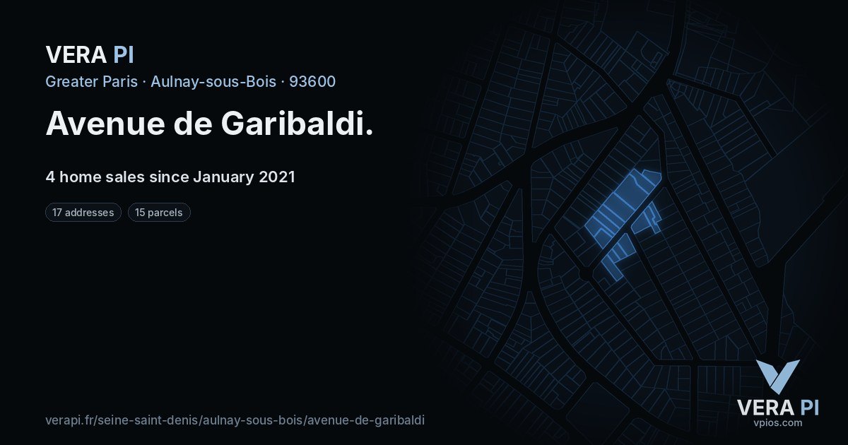 Avenue de Garibaldi, Aulnay-sous-Bois at night – every parcel coloured by the prices around it, the street's own parcels lit