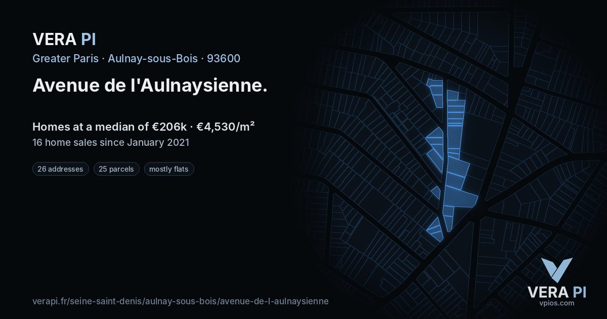 Avenue de l'Aulnaysienne, Aulnay-sous-Bois at night – every parcel coloured by the prices around it, the street's own parcels lit