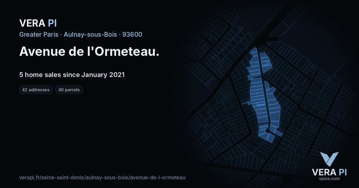 Avenue de l'Ormeteau, Aulnay-sous-Bois at night – every parcel coloured by the prices around it, the street's own parcels lit