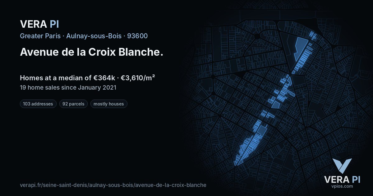 Avenue de la Croix Blanche, Aulnay-sous-Bois at night – every parcel coloured by the prices around it, the street's own parcels lit