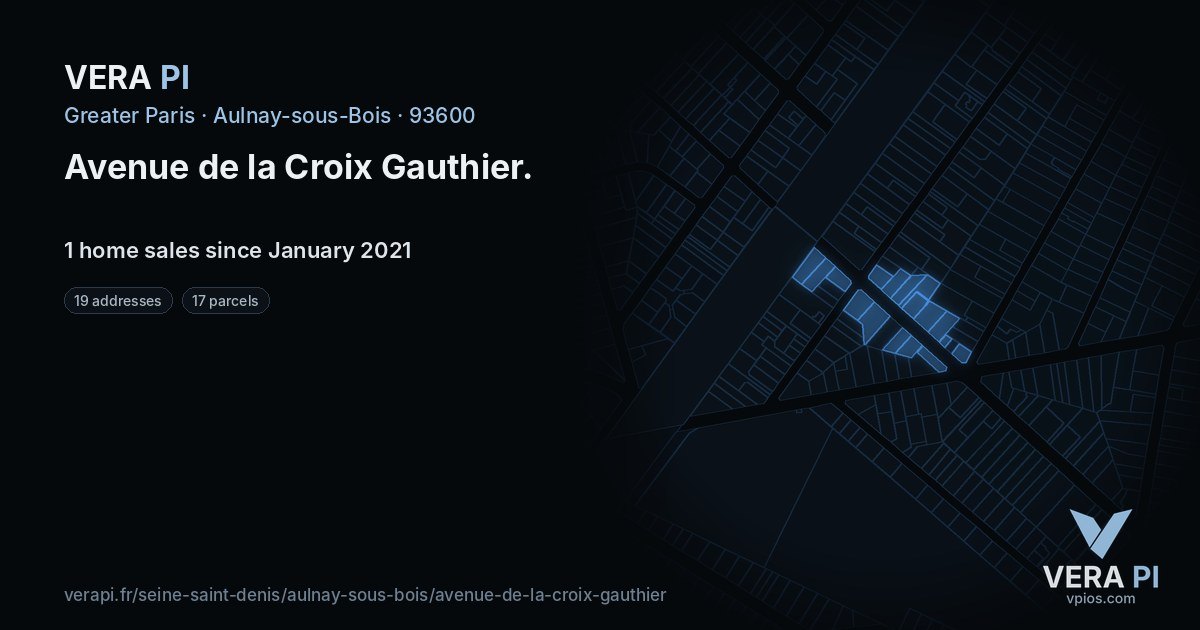 Avenue de la Croix Gauthier, Aulnay-sous-Bois at night – every parcel coloured by the prices around it, the street's own parcels lit