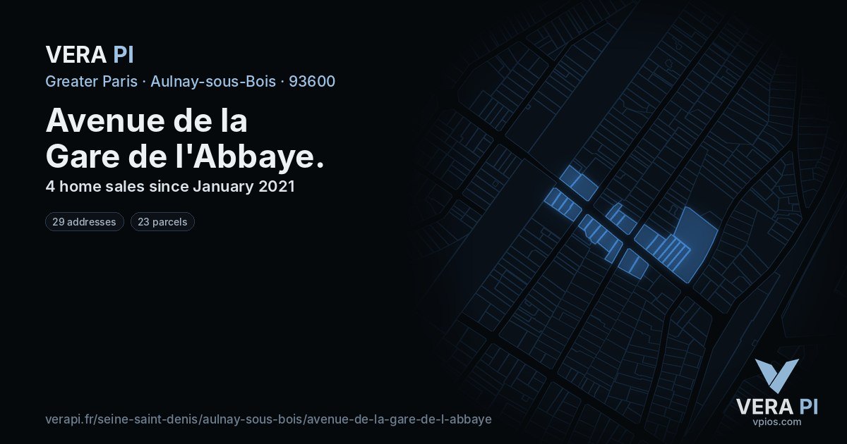 Avenue de la Gare de l'Abbaye, Aulnay-sous-Bois at night – every parcel coloured by the prices around it, the street's own parcels lit