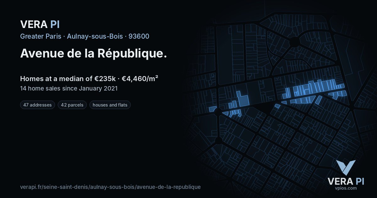Avenue de la République, Aulnay-sous-Bois at night – every parcel coloured by the prices around it, the street's own parcels lit