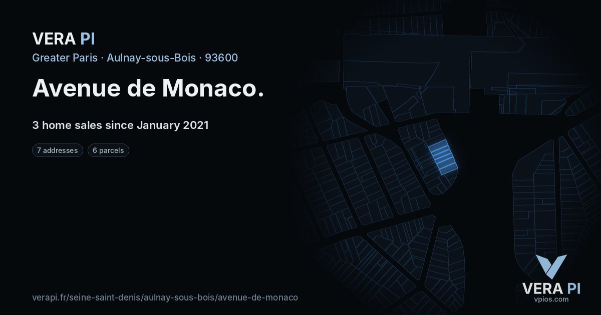 Avenue de Monaco, Aulnay-sous-Bois at night – every parcel coloured by the prices around it, the street's own parcels lit