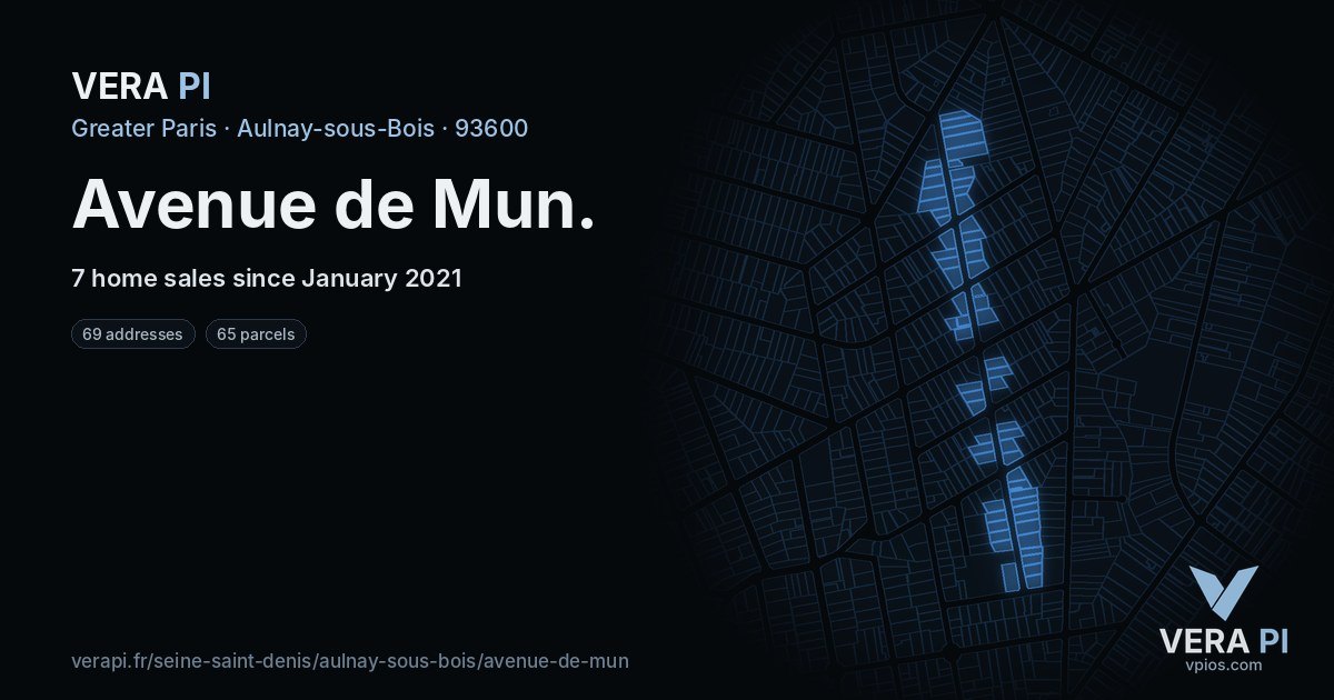 Avenue de Mun, Aulnay-sous-Bois at night – every parcel coloured by the prices around it, the street's own parcels lit