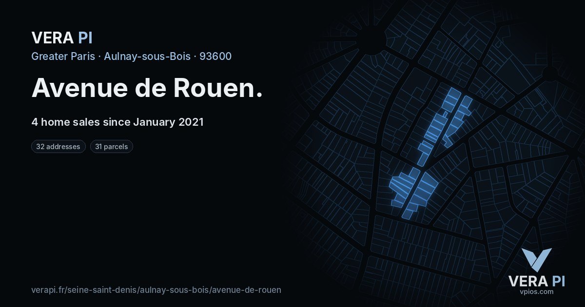 Avenue de Rouen, Aulnay-sous-Bois at night – every parcel coloured by the prices around it, the street's own parcels lit