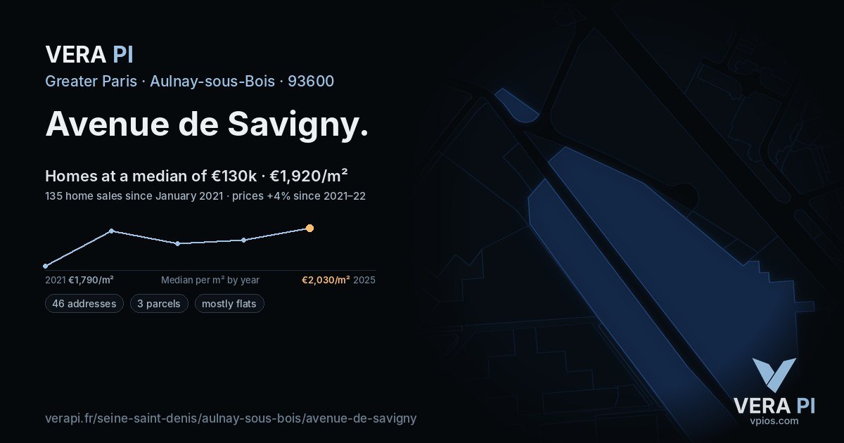 Avenue de Savigny, Aulnay-sous-Bois at night – every parcel coloured by the prices around it, the street's own parcels lit