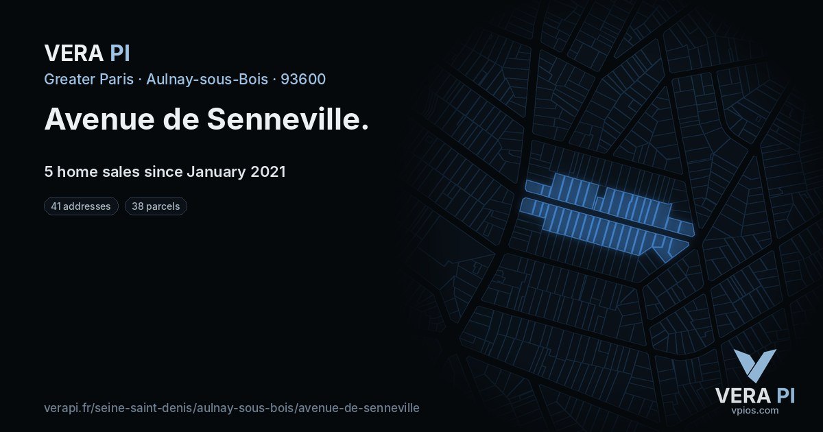 Avenue de Senneville, Aulnay-sous-Bois at night – every parcel coloured by the prices around it, the street's own parcels lit
