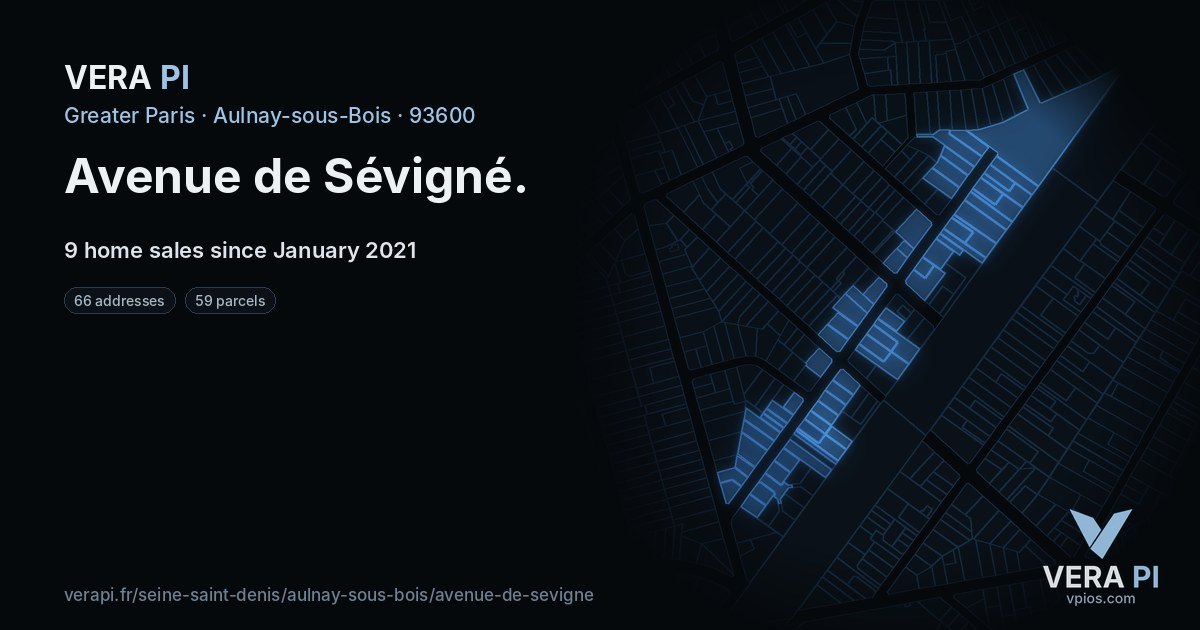 Avenue de Sévigné, Aulnay-sous-Bois at night – every parcel coloured by the prices around it, the street's own parcels lit